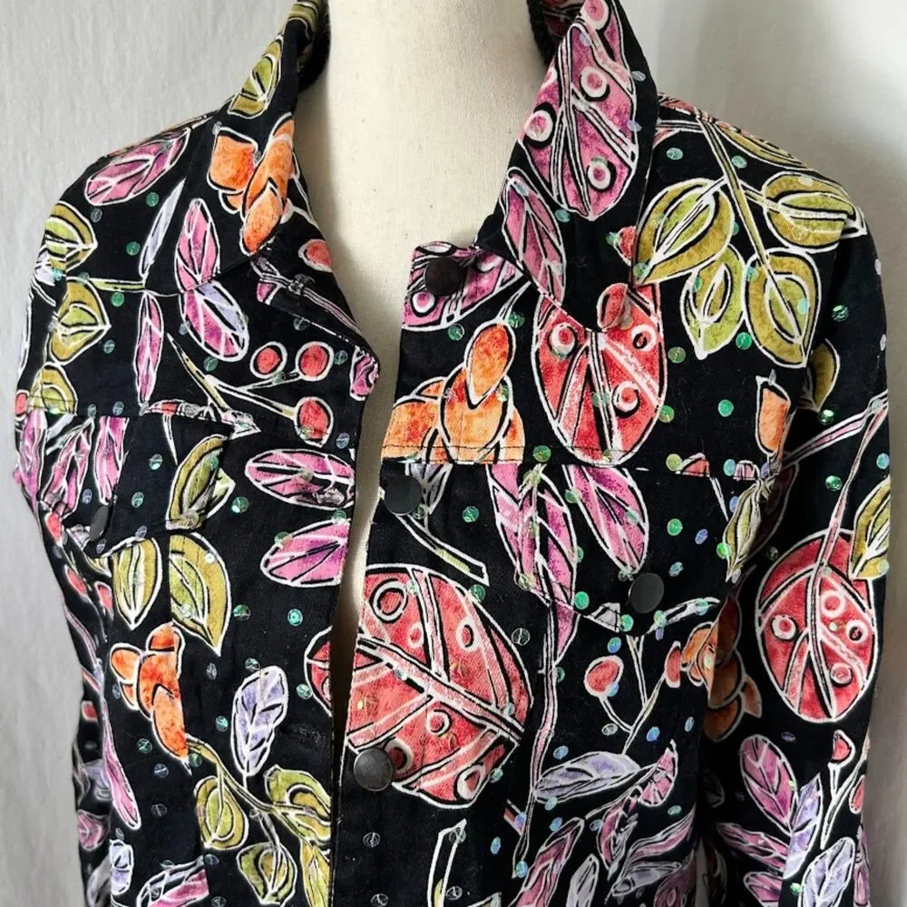 Vintage Sequin 90s Jacket Floral Black Denim Stretch Cotton REDD Jeans Size 12